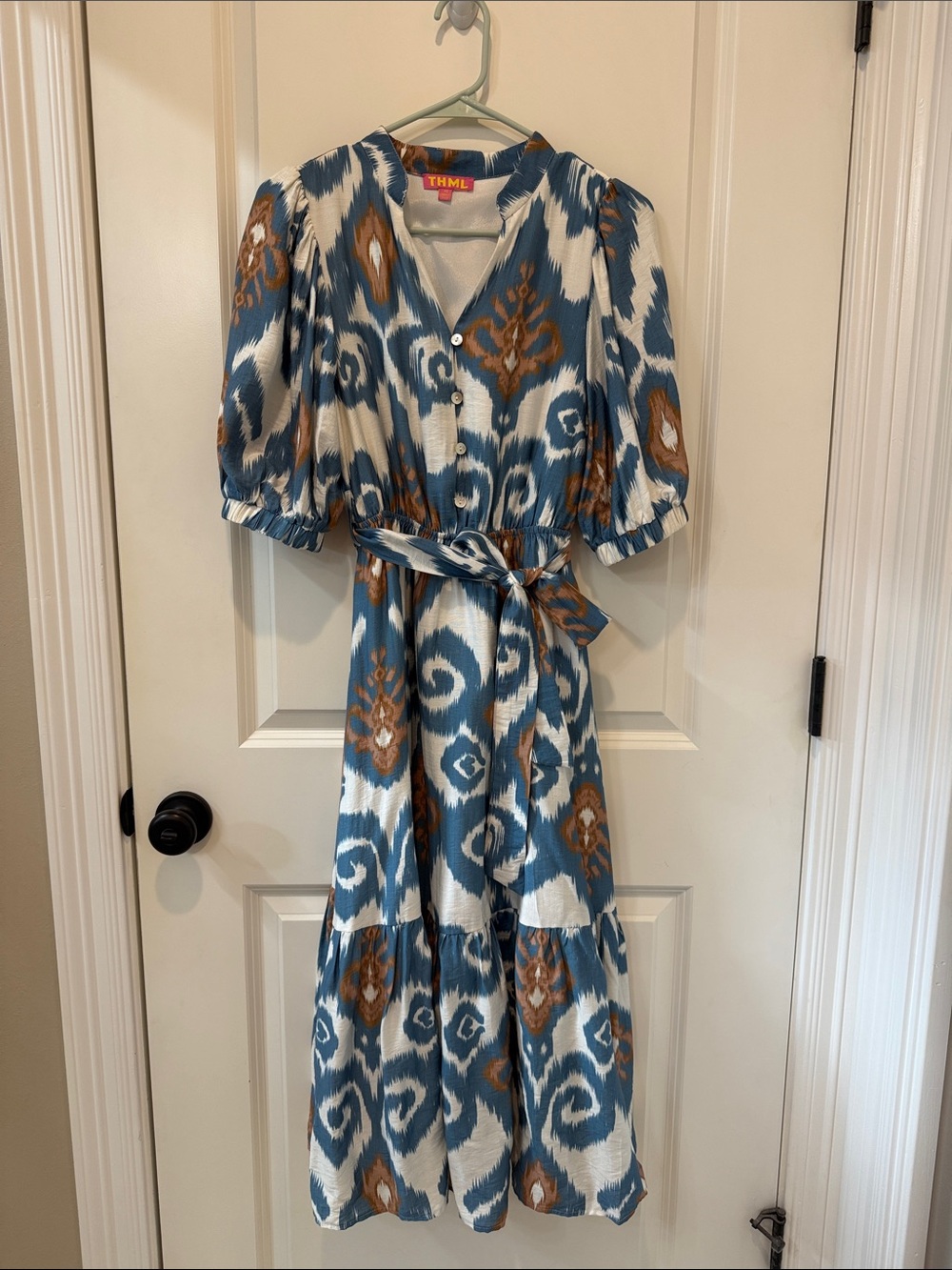THML Blue, White and Brown Ikat Maxi Dress with Self Tie